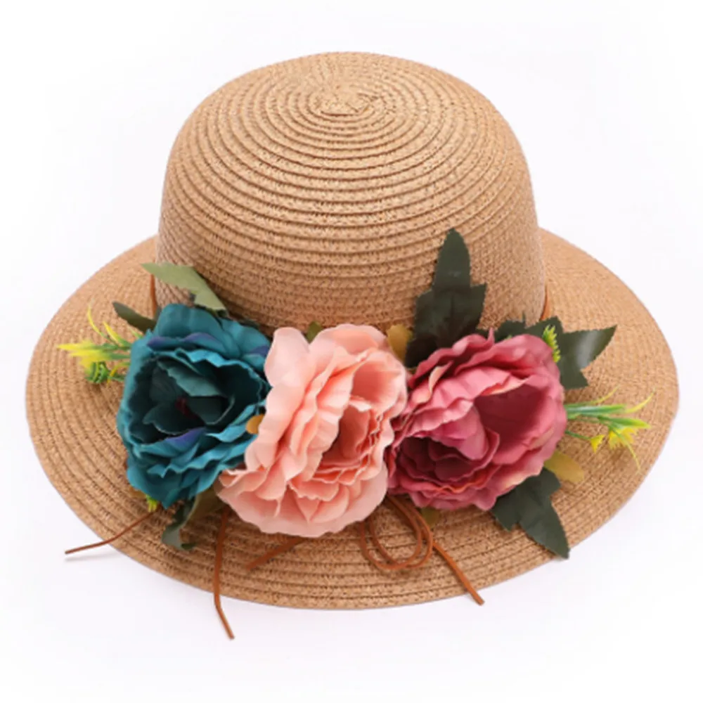 Tradineur - Sombrero de mujer con flor, paja flexible, ala ancha y goma de  barbilla, protección solar, playa, piscina, aire libr