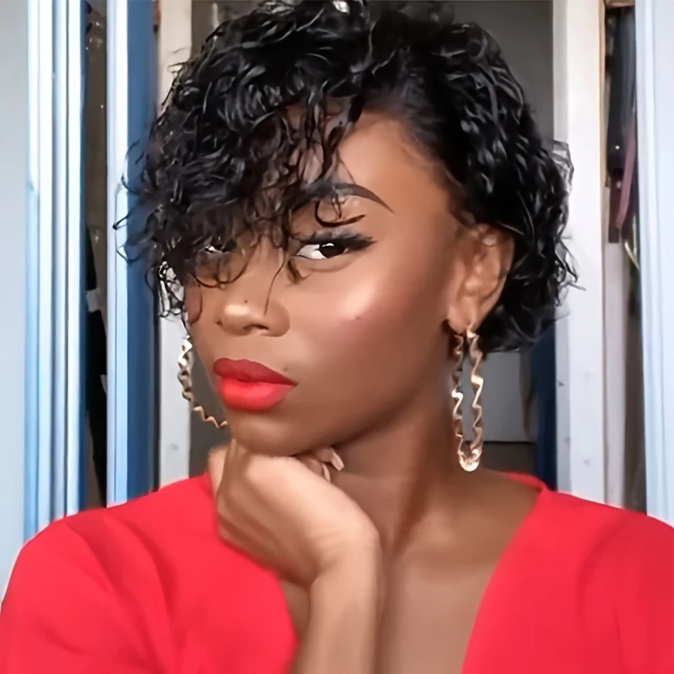 13x4x1 Lace Front Wigs Short Curly Pixie Cut Human Hair Wigs Water Wave Human Hair Wig For Women Pre Plucked