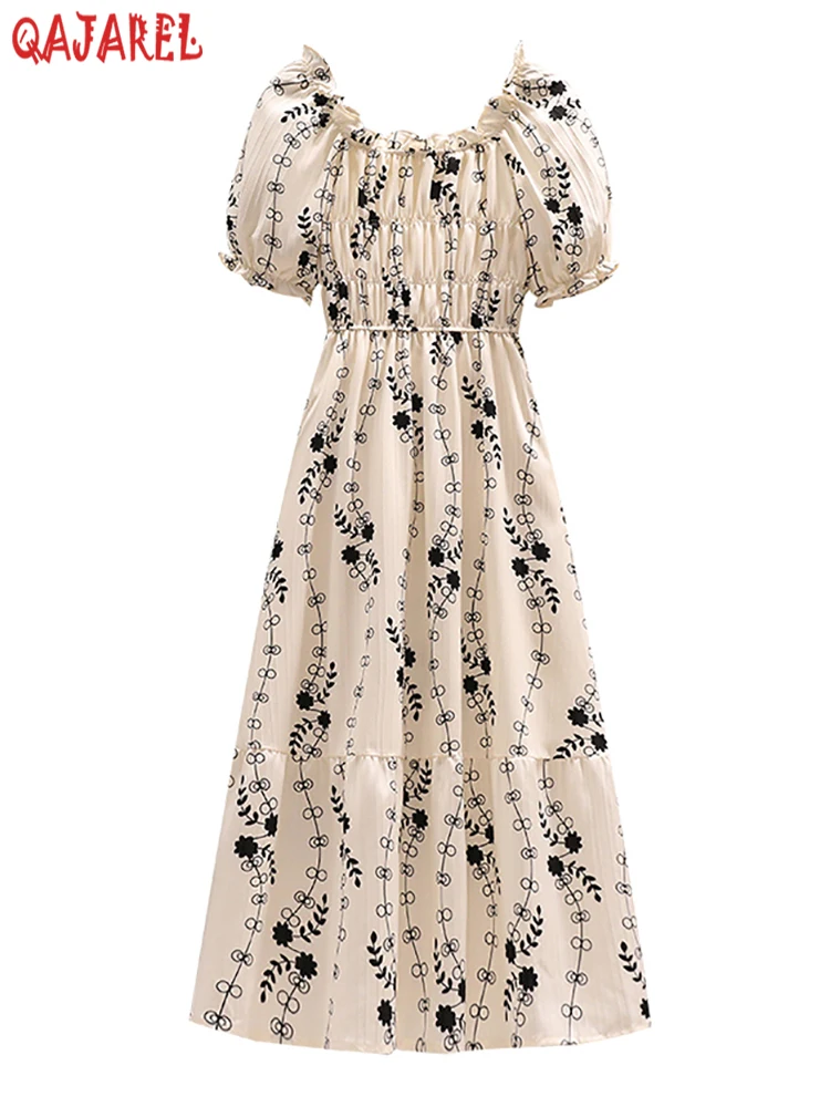 

Summer White Floral Chiffon Puff Sleeve Ruffled Collar Midi Dress Women Boho Elegant Dress 2024 Black Korean Vintage Party Dress