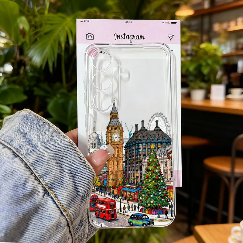 Christmas Winter Snow Scenery Clear Phone Case with London Street Landscape Design