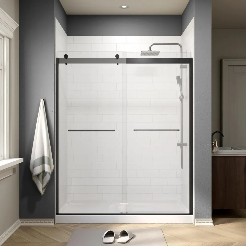 Frameless Shower Door,60" W X 74" H Double Sliding Door with 5/16" SGCC Tempered Clear Glass,Matte Black Shower Door 6