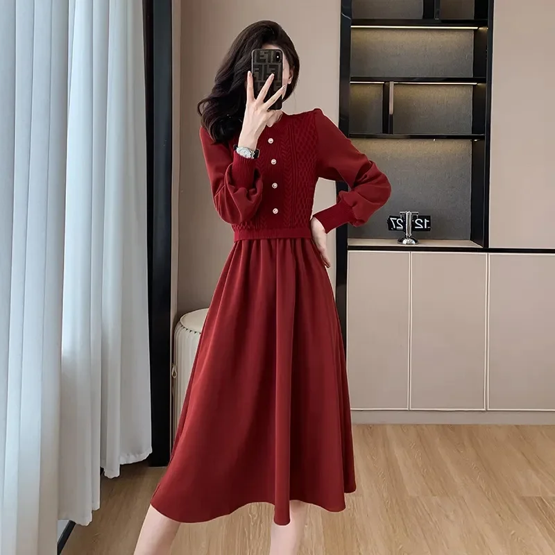Fake Two Pieces Thick Red Dress Autumn and Winter New Knitted Woolen Dress Women's Round Neck with Coat Underlay Red Dress Lon