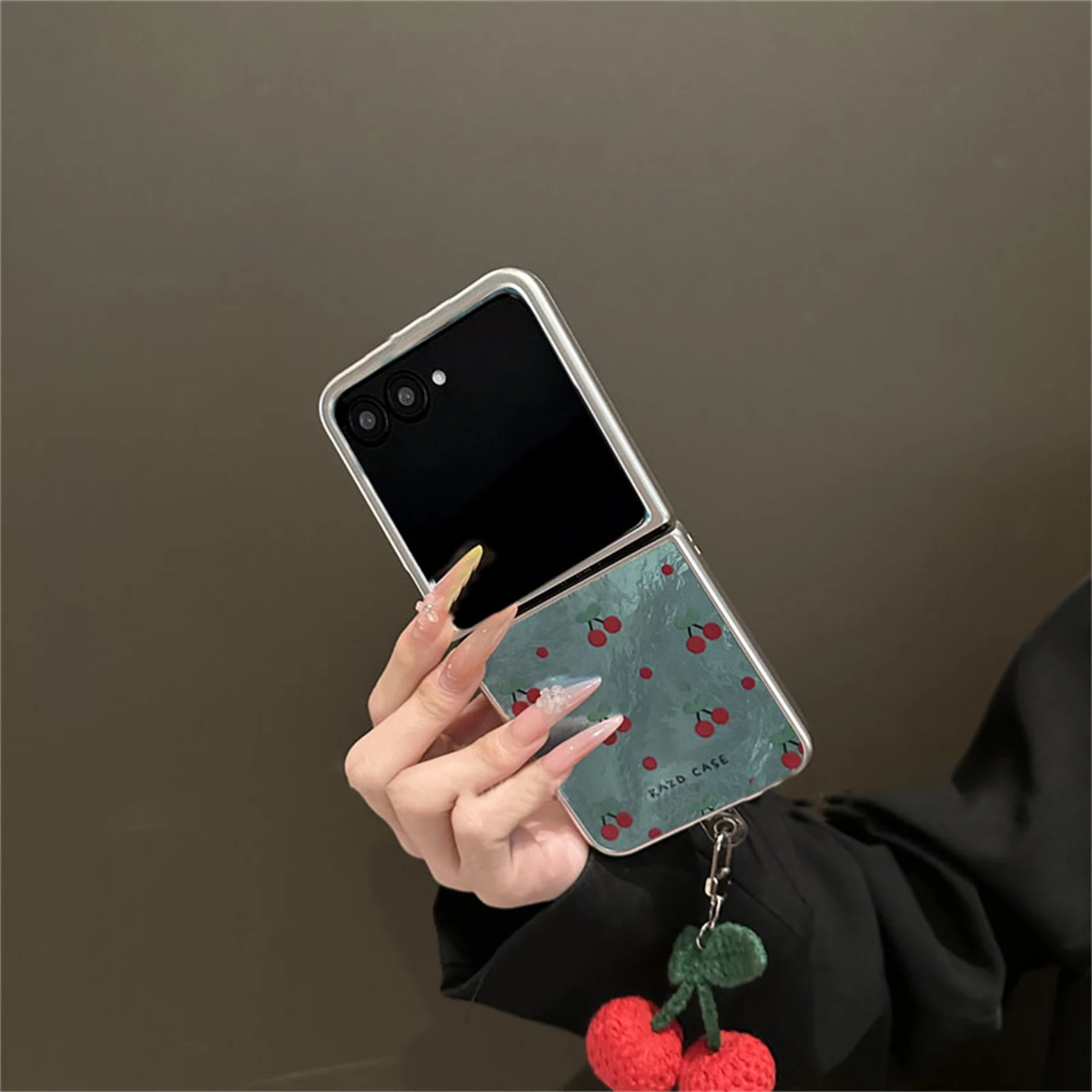 Charming Cherry Glacial Pattern Phone Case with Cherry Pendant Accessory