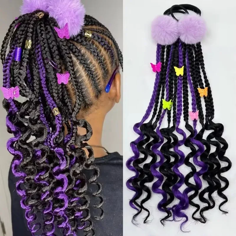 

2pcs/ 14inch kids braided ponytail box braids curly ends Customized kids ponytail with fuzzy ball and butterfly clips