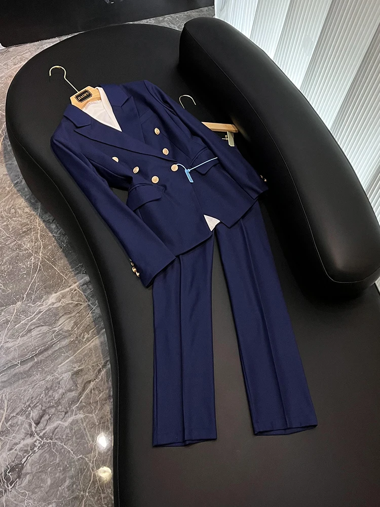 

Lady Office Quality Solid Formal Suit Long Sleeve Double-breasted Notched Blazer Straight Cutting Pants Women 2Pcs Navy