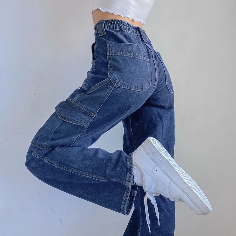 JMPRS High Waist Women Jeans Spring Preppy Style Pockets Baggy Denim Pants Casual Blue Patchwork Pocket Streetwear Trousers slim fit