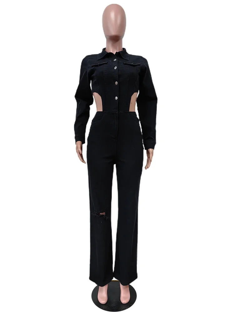 Wmstar Denim Jumpsuit Women Clothing Romper Hollow Out Side Casual New in Fall Fashion Hole Long Pants Wholesale Dropshipping