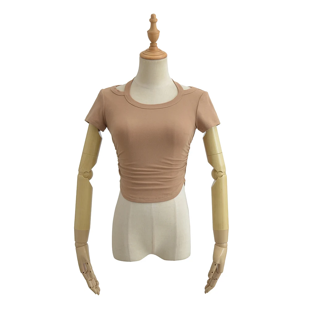 Women Short Sleeve Cropped Cotton T-shirt With Halter Collar And Side Folds Detail