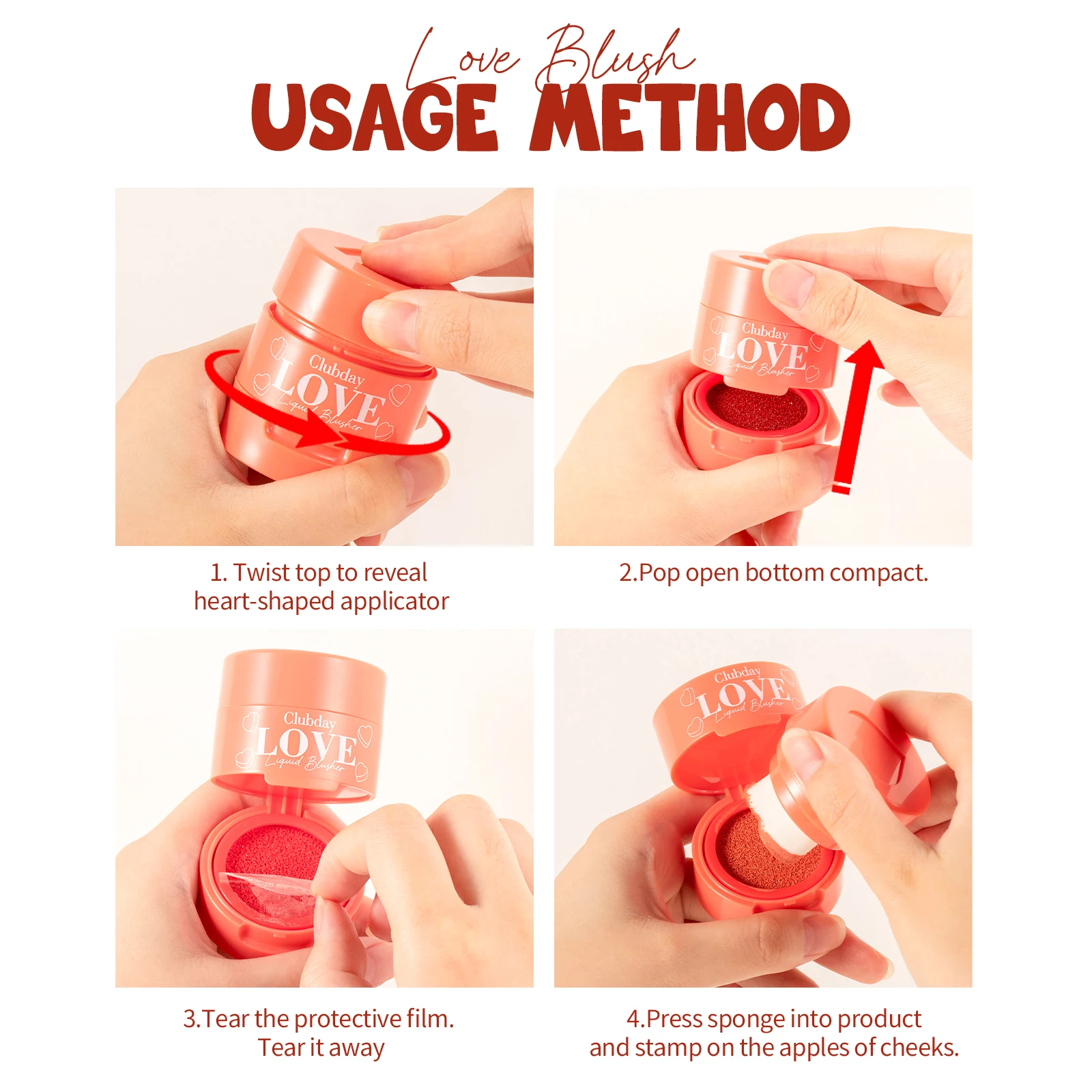 Heart Shaped Blush Stick with Sponge Head Stamp Design Waterproof and Sweat Proof to Modify Cheeks to Be Naturally Rosy