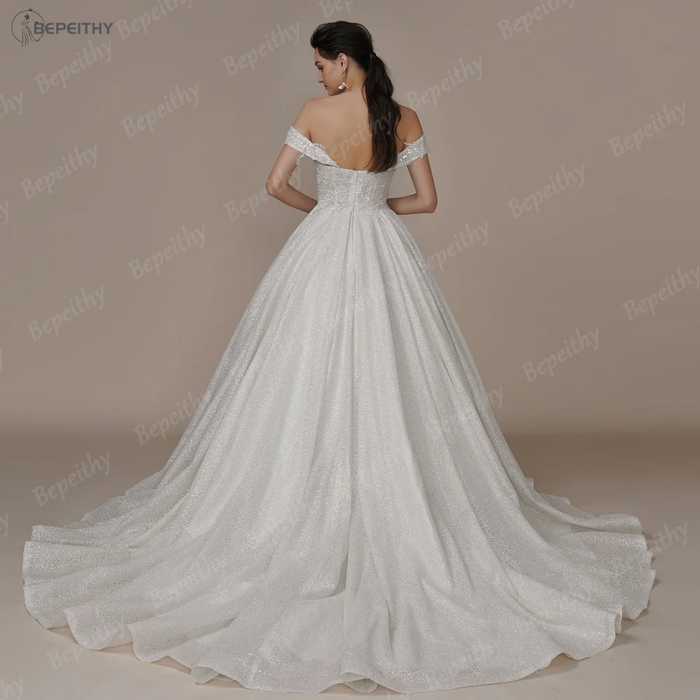 BEPEITHY Customized Luxury Strapless A Line Glitter Wedding Dresses Off The Shoulder Women Ivory Bling-Bling Bride Bridal Gown 2