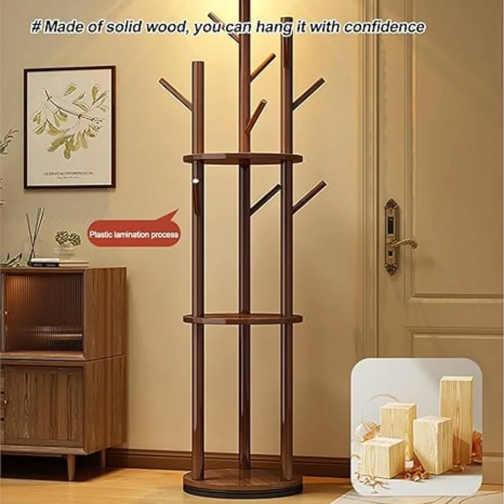 Rotary Wood Coat Racks, Household Standing Coatrack with 3 Storage Shelves, for Home Entryway Bedroom Hanging Coats Jackets Hats 3