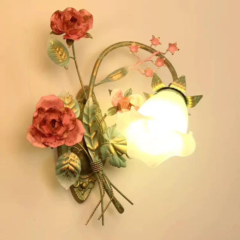 

Korean Style Garden Wall Lights Living Room Decoration Romantic Rose Lamp Bedroom Bedside Wall Sconce Aisle Plant Country Flavor