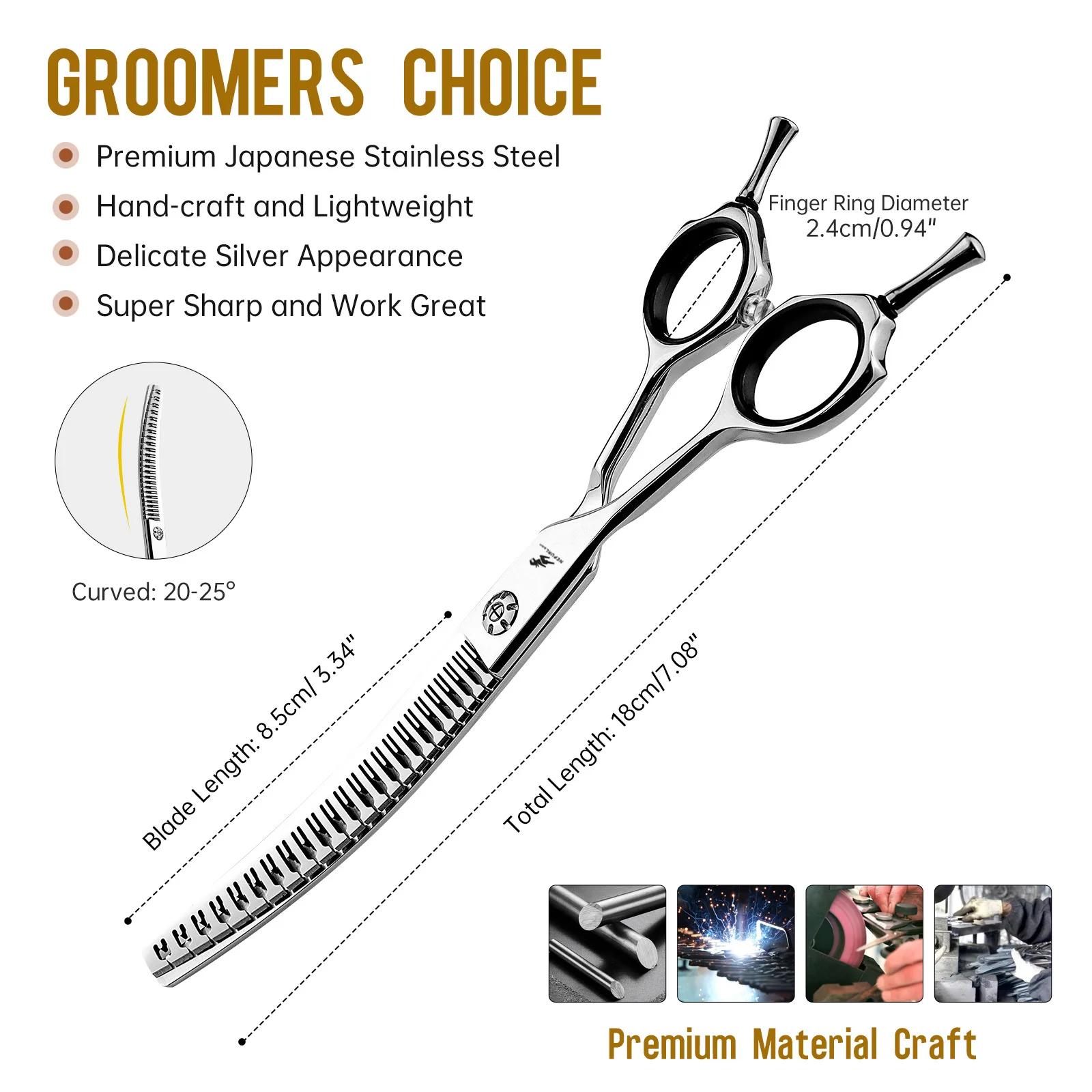 Dog Grooming Scissors Left Hand 7" Japan 440C Professional Pet Grooming Scissors Puppy Bend Up Chunker