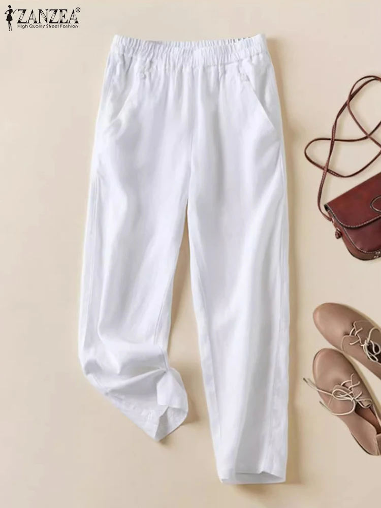 

Autumn Cotton Trousers ZANZEA Women Casual Solid Harem Pants Elastic Waist Vintage Long Pantalon Femme Loose Work Palazzo Turnip