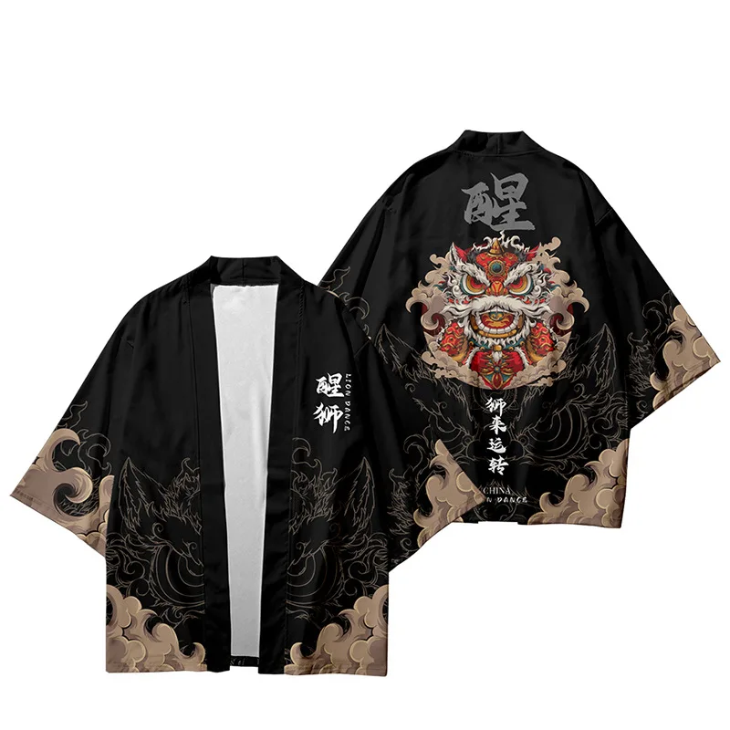 

Chinese Style Anime Lion Dance Print Traditional Kimono Men Yukata Cardigan Shirts Cosplay Haori Oversized Streetwear Tops
