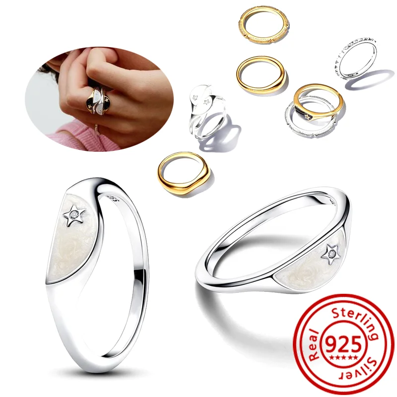 925 Sterling Silver Stacking Rings with Pearls Hearts Stars Moon Sun for Women