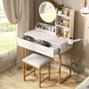 Vanity Makeup Desk with Round Mirror, Lights and 2 Drawers, 3 Lighting Modes, Small Vanity Table for Bedroom with Lots Storage 4