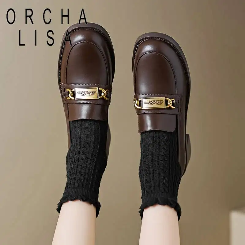 

ORCHA LISA Brand Cow Leather Pumps Round Toe Low Heels 3cm Slip On Metal Decoration Female Loafers Big Size 40 Soft Daily