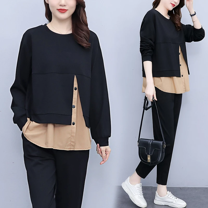 

2022 New Suit Tracksuit Patchwork Women Spring Autumn Casual Pocket Ladies Set O-Neck Long Sleeve Loungewear Streetwear Outfit