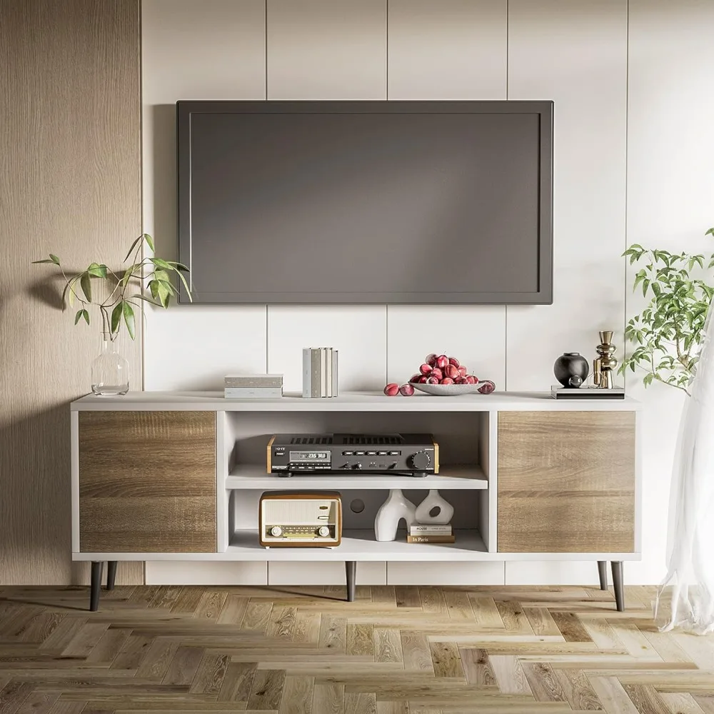 

TV stand for 65 inch TV, modern entertainment center with storage cabinet and open shelves, TV console table media cabinet (oak)