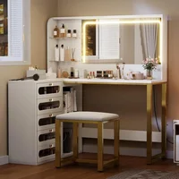 48" Large Dressing Table with 5 Tempered Glass Drawers Vanity Desk Set- L Makeup Vanity with Mirror and Lights 3 Lighting Modes 1