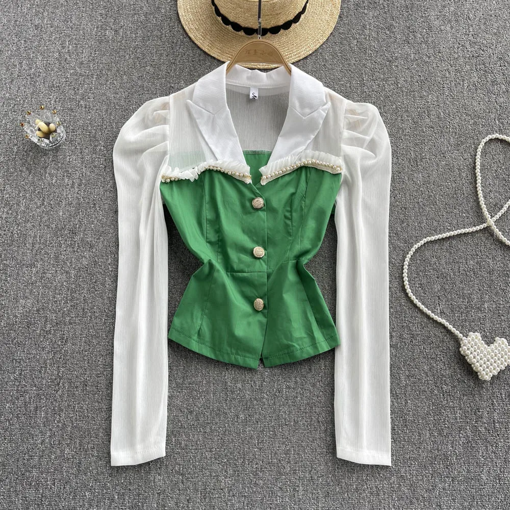 Spring 2022 Korean Version Design Sense Minority Color Contrast Slim Shirt Splicing Fake Two Long Sleeved Women's Shirts |