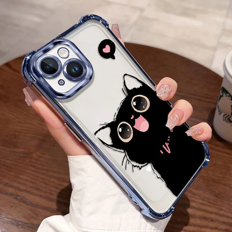 Love Black Cat Electroplate Shockproof Clear Armor Phone Case
