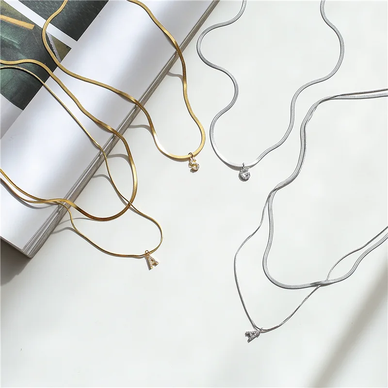 Gold Color Crystal Alphabet Pendant Necklace Fashion Multilayer Stainless Steel Snake Bone Chain For Women Jewelry |