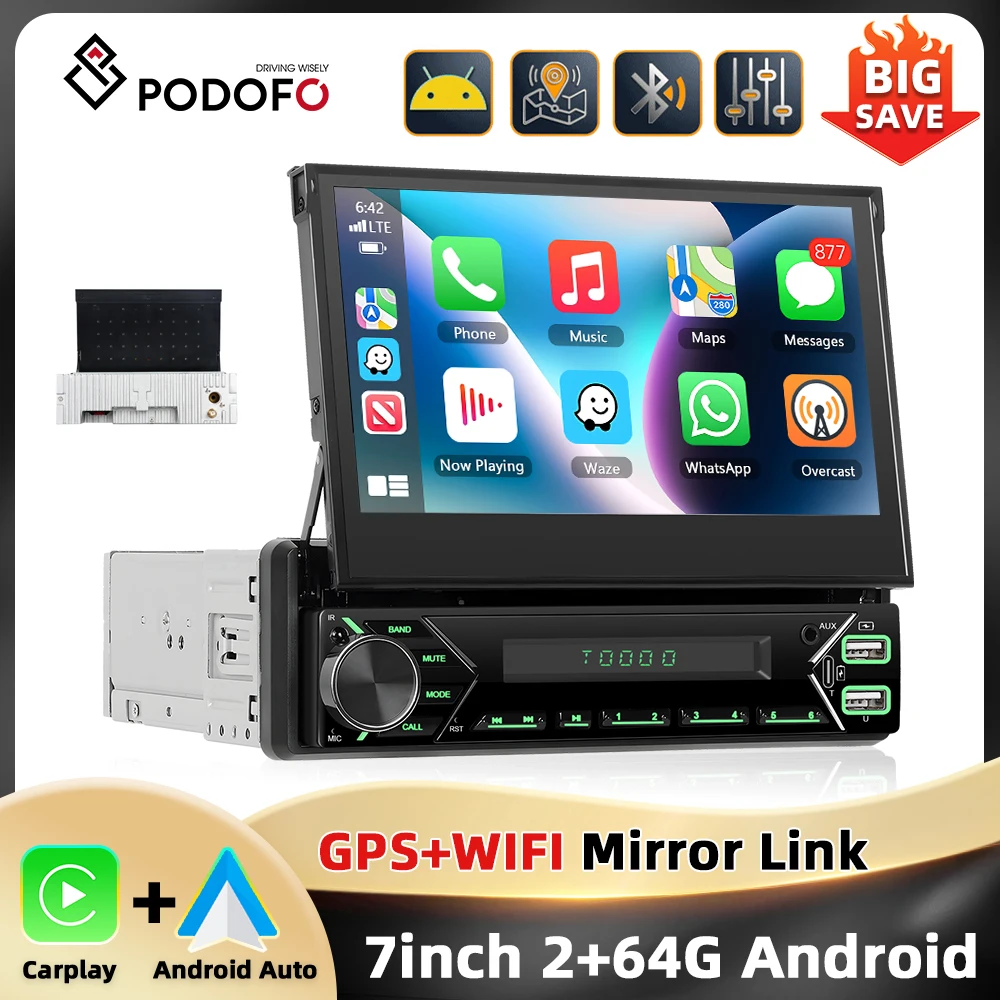 Podofo 2 + 64G 1Din Android autoradio 7 ''écran rétractable Autoradio GPS Navigation Carplay Android Auto WIFI EQ type-c USB BT 1 Podofo 2 + 64G 1Din Android autoradio 7 ''écran rétractable Autoradio GPS Navigation Carplay Android Auto WIFI EQ type-c USB BT 1