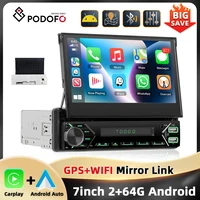 Podofo 2 + 64G 1Din Android autoradio 7 ''écran rétractable Autoradio GPS Navigation Carplay Android Auto WIFI EQ type-c USB BT 1