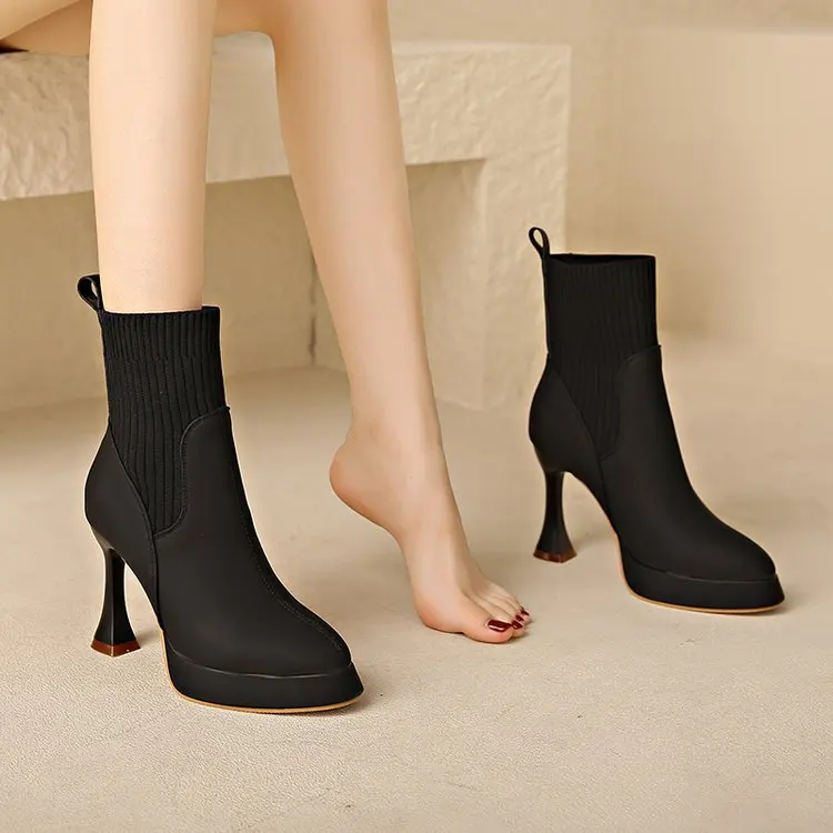 Elegante Damen Stiefeletten Mit Absatz Und Elastischer Schuhspitze_voghion.com