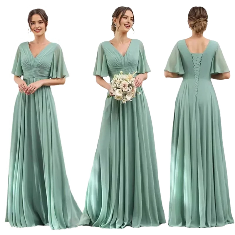 Green V Neck Bridesmaid Dress A Line Lace Chiffon Party Dress