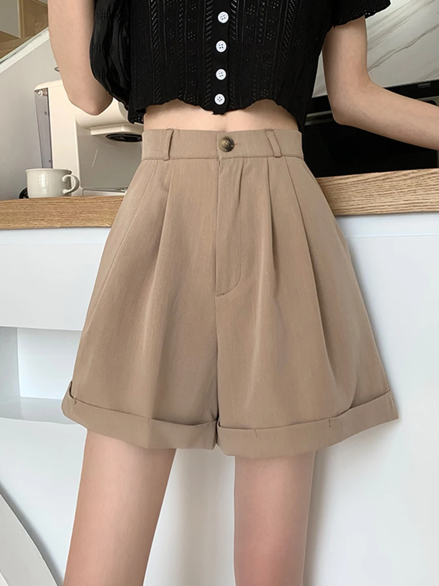 

Casual Pleated Short Pants Solid Color Shorts Women 2024 Summer Cotton Elastic High Waist Daily Button OL Short Bottoms V74