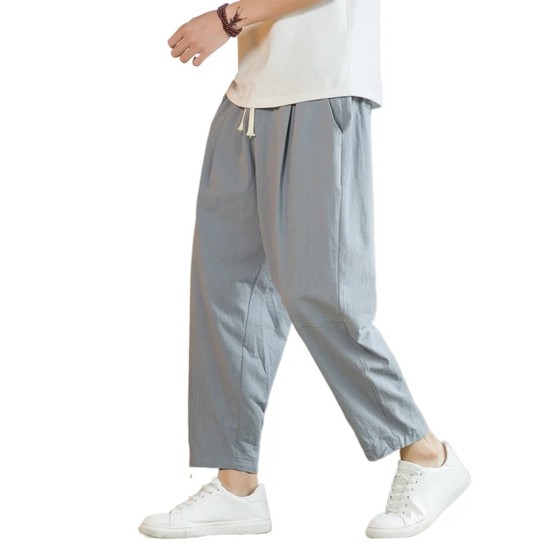 Streetwear Men Cotton Trousers Casual Solid Color Long Pants Breathable Drawstring Straight Pants Harem Pants Men Baggy Pants 3