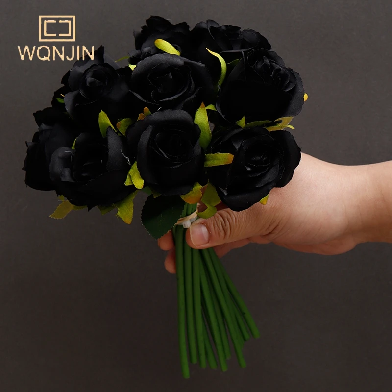 12 Heads Black Artificial Flowers Rose Floral Bouquet Simulation Silk