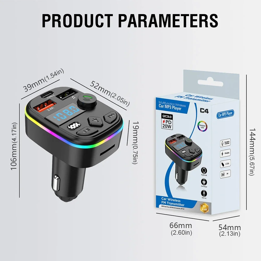 Car Charger FM Transmitter Bluetooth 5.0 PD Type-C Dual USB Ambient Player Handsfree Car MP3 Charger Type-C Wireless Light
