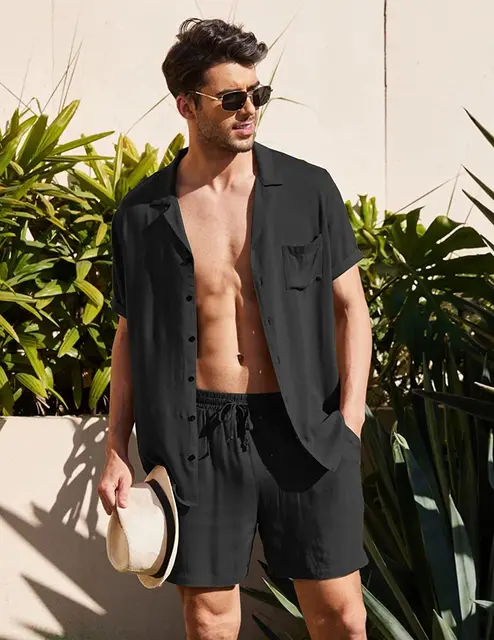 Summer Cotton Linen Shirt Set Men's Casual Outdoor 2-Piece Suit Andhome Clothes Pajamas Comfy Breathable Beach Short Sleeve Sets Black