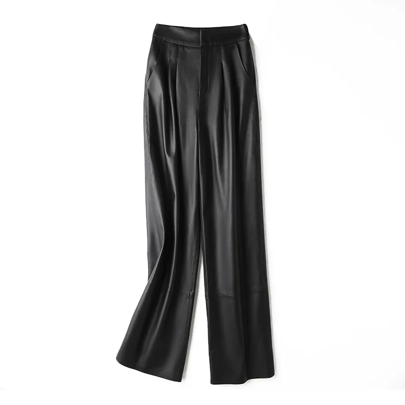 Women's Leather Pants High Waist Sheepskin Slimming Straight Pants Real Leather Original Genuine Temperament Wide Legs leather pants skinny pants