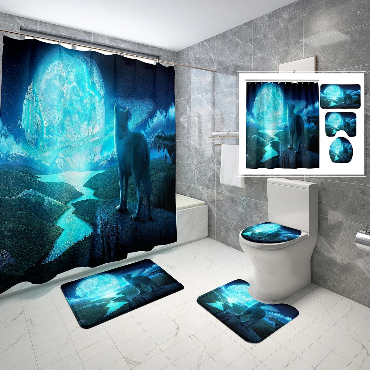 

Magic Wolf Shower Curtain Sets 4 Pcs Fantasy Artistic Winter Animals Non-slip Bath Mat Toilet Lid Waterproof Shower Curtain Set