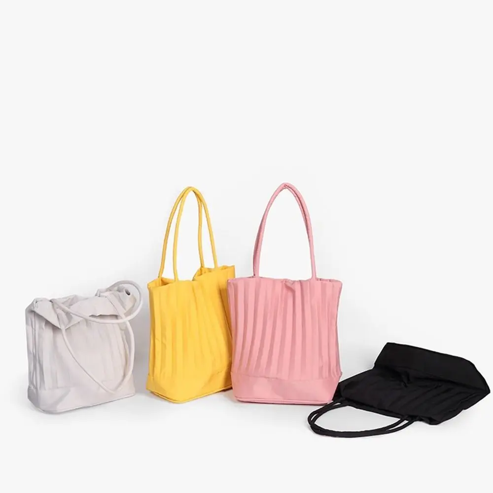 Korean Style Pleated Bucket Bag Fashionable Niche Design Silk Tote Bag Solid Color Office Worker
