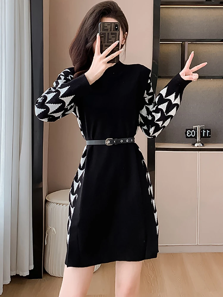 

Autumn Winter Black Knitted Patchowrk Plaid Long Sleeve Mini Dress Women Korean Vintage Dress 2023 Elegant Bodycon Chic Vestidos