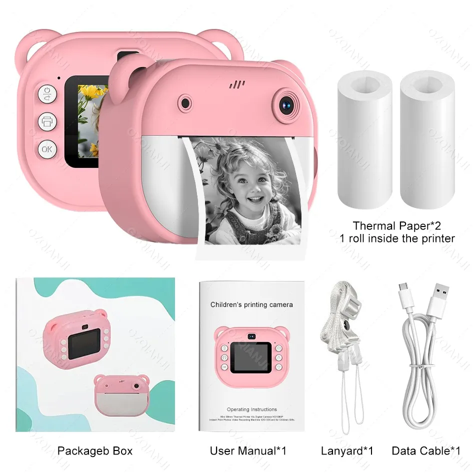 57x25mm 감열 사진 프린터 어린이용 디지털 카메라 즉석 인쇄 듀얼 렌즈 1080P 비디오 어린이 크리스마스 선물