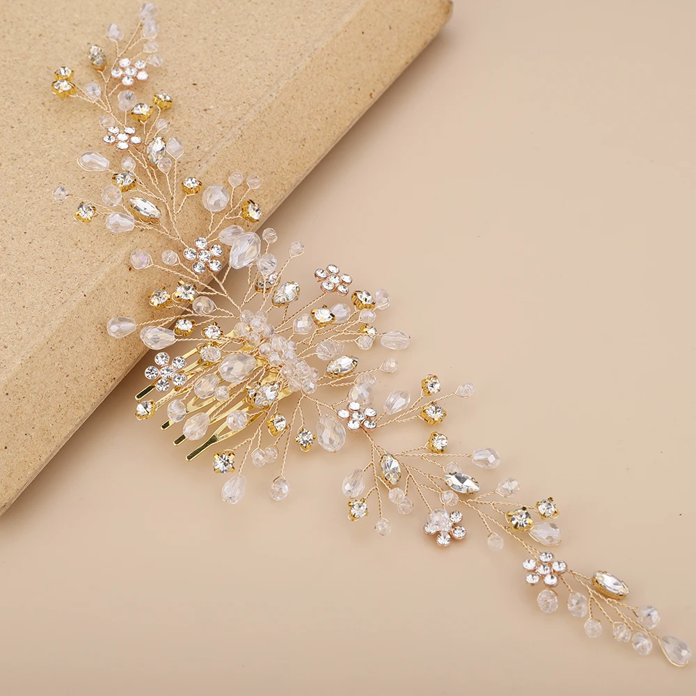 Vintage Rose gold Silver Bridal Hair Accessories Shiny Crystal Hair comb for Women