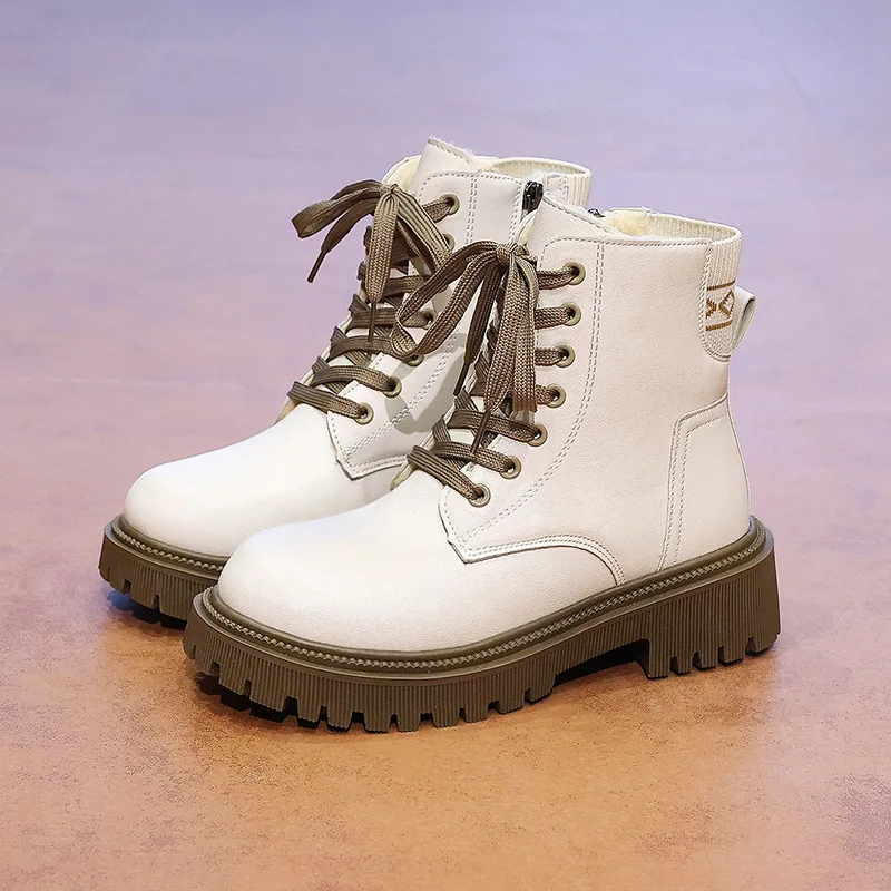 2025 New Fashion Thick Sole Women's Boots Large Size Women's Shoes Black Keep Warm Fleece Platform Lace-up Ankle Boots