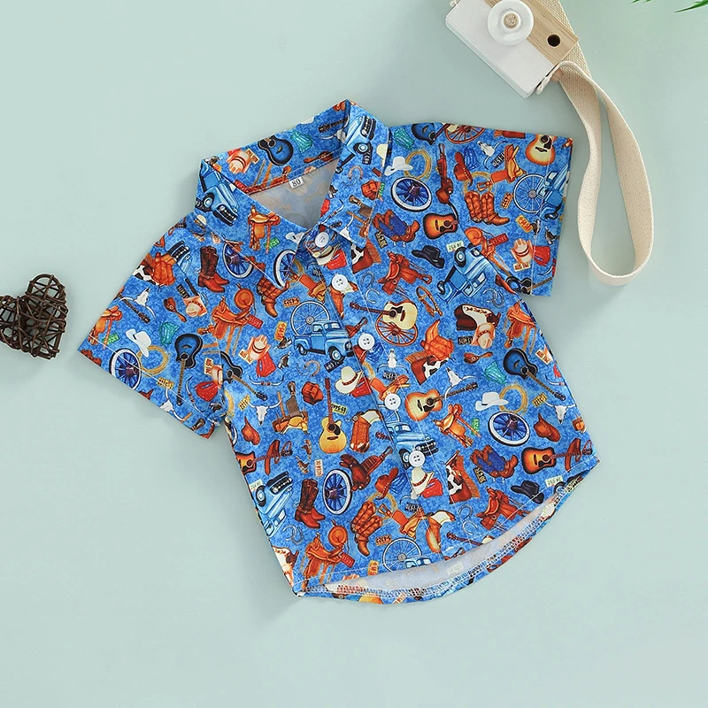 Children s Short Sleeve Button Down Shirt with Fun Cartoon Print Summer Top with Lapel Neck for Boys Cute Kid s Clothing