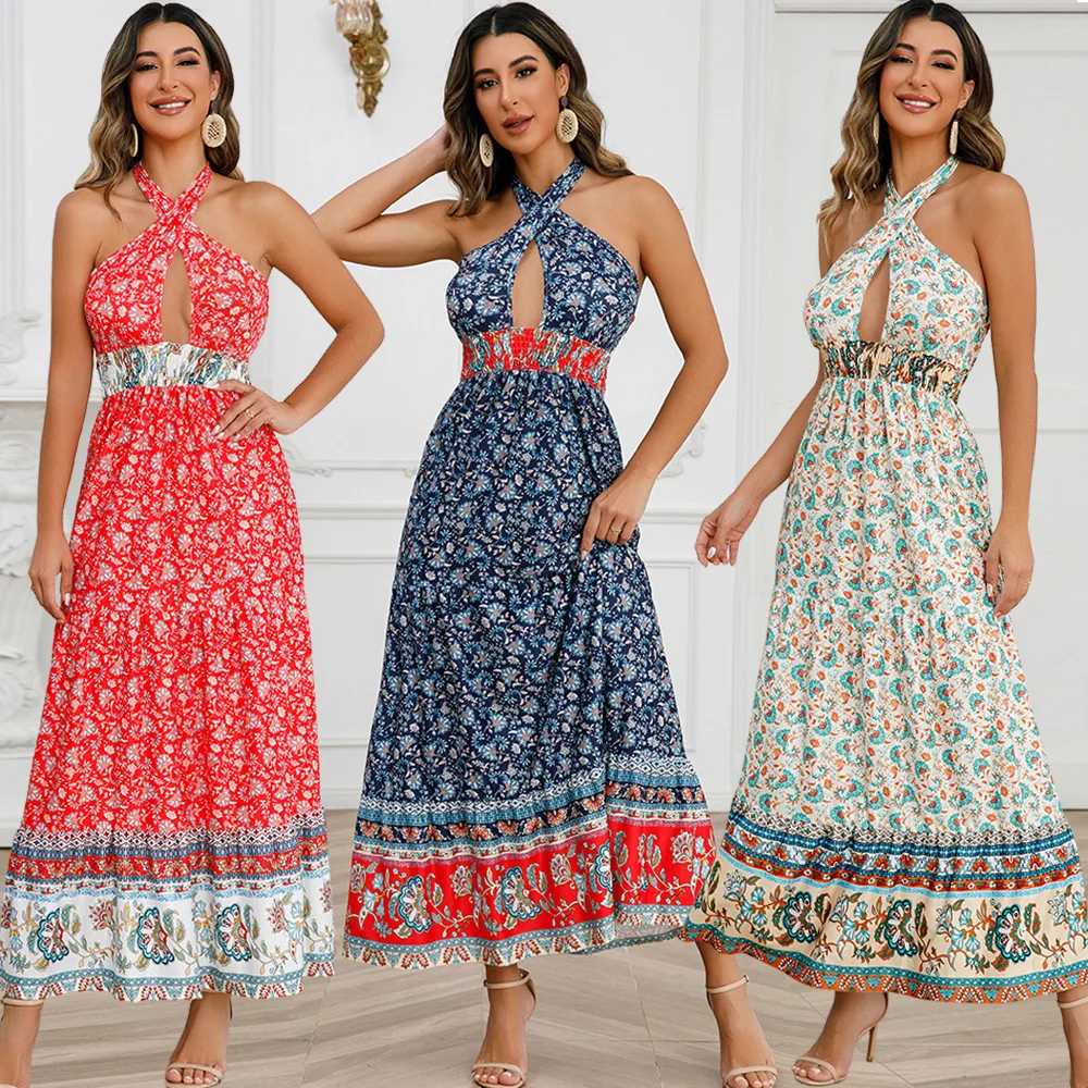 

Summer Women's Dress Polyester Bohemian Print Neck-mounted Backless Long Dresses for Women 2023