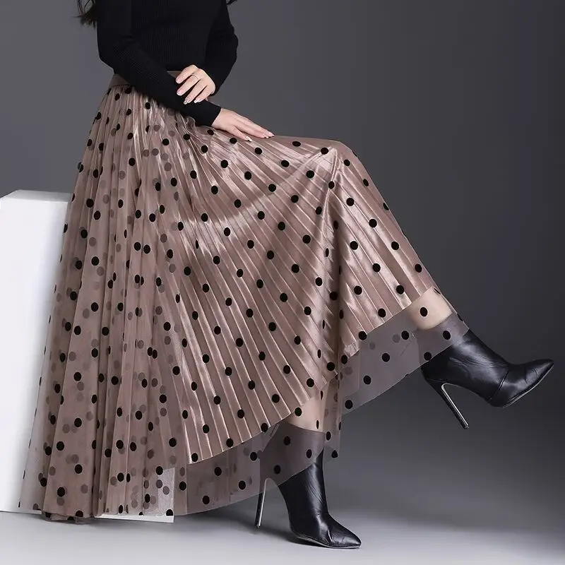 

Spring Autumn New Elastic Waist Fashion High Waist A-line Skirt Women High Street Patchwork Polka Dot Printing Hip Wrap Skirt