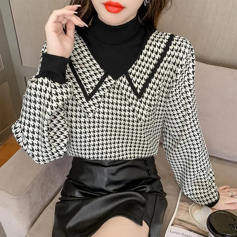 Fashion Printed Spliced Fake Two Pieces Plaid Blouse Women's Clothing 2022 Autumn New Casual Pullovers Loose Korean Shirt