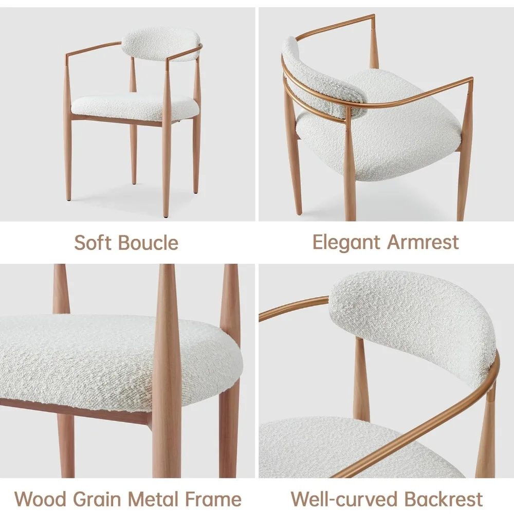 Boucle Dining Chairs Set of 2, Modern Armchairs with Wood Grain Metal Legs for Kitchen, Living Room, Restaurant 3