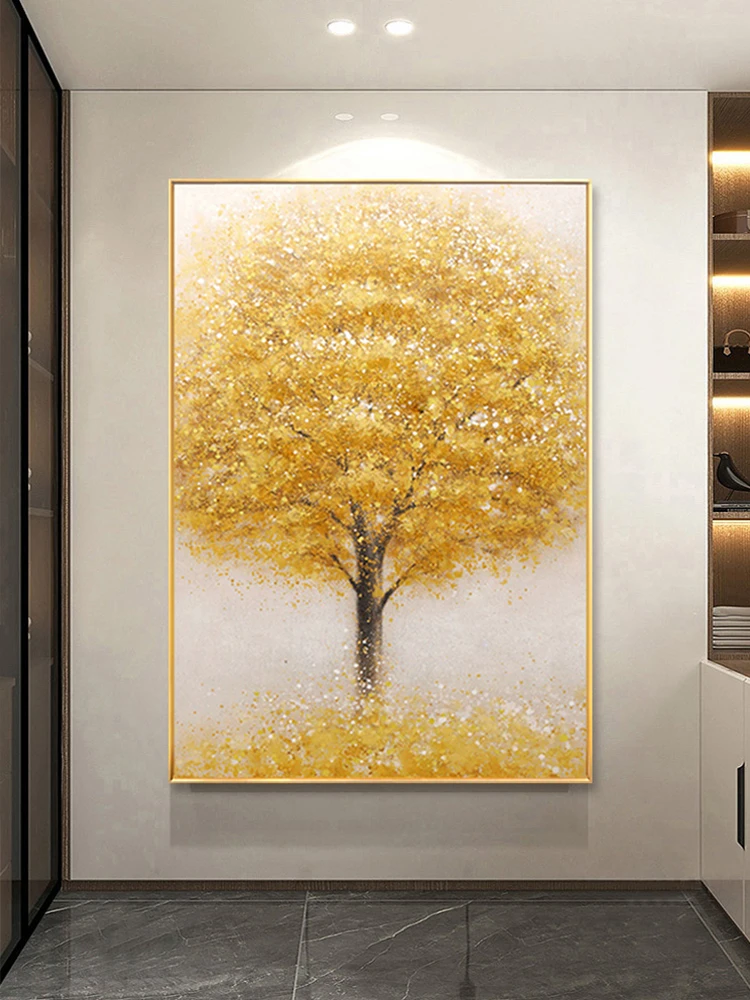 

Pure Hand Drawing Oil Painting Abstract Golden Pachira Macrocarpa Decorative Modern Minimalist Living Room Wall